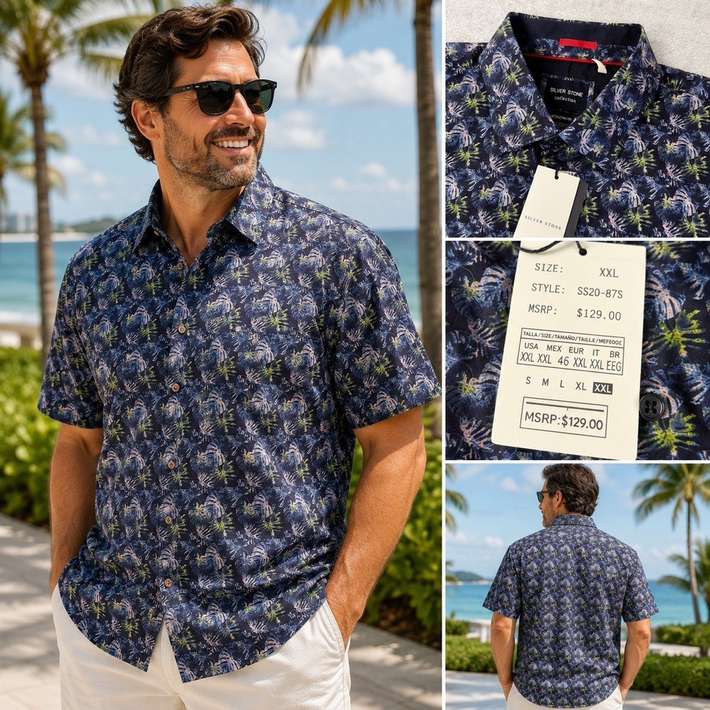 NWT Silver Stone Collection XXL Tropical Floral Button Up Shirt Men's Modern Fit